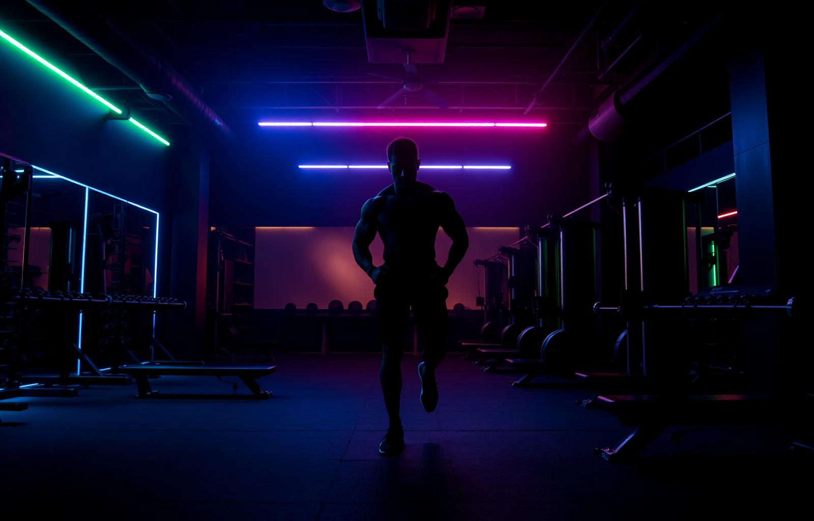 Premium gym interior with electric blue lighting